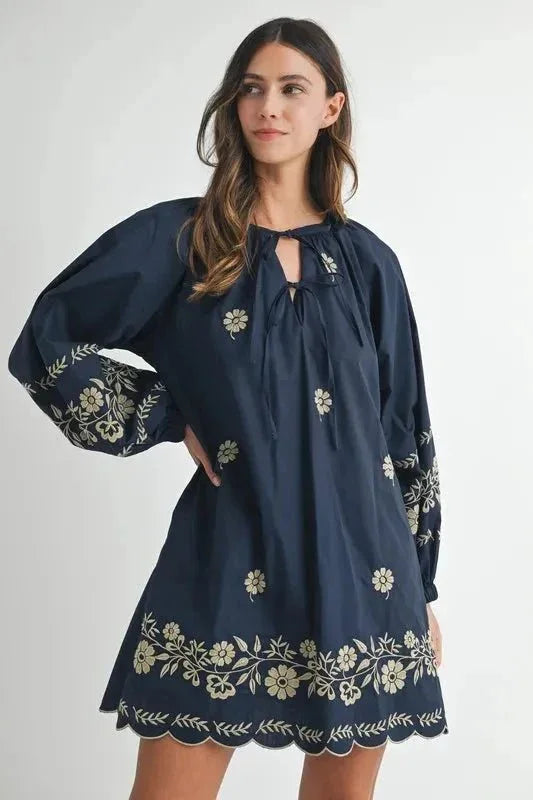 MABLE Embroidered Long Sleeve Peasant Mini Dress - VILLA FASHION
